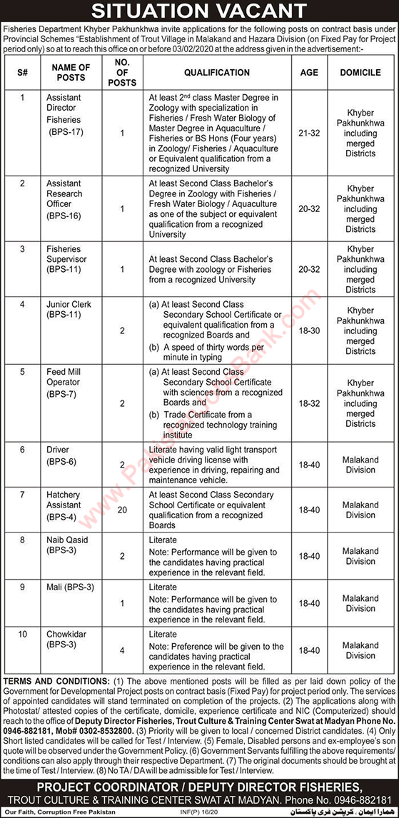 Fisheries Department KPK Jobs 2020 January Hatchery Assistants & Others